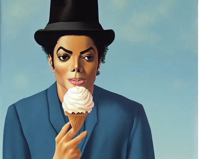 Image similar to Michael Jackson is giving you an icecream, painting by René Magritte