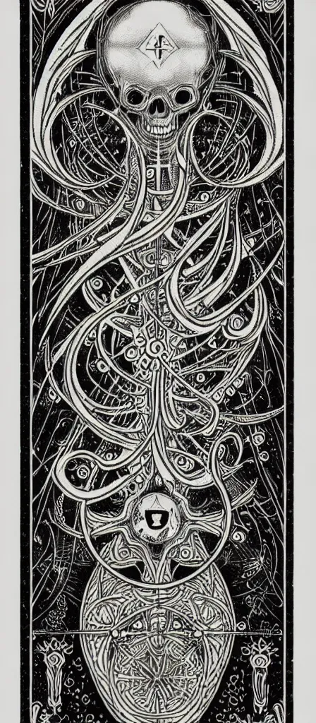 Image similar to a beautiful fractal tarot card featuring bold occult imagery with clean lines. skullpunk demon. dimension. haeckel fish and sea creatures. detailed adult coloring book