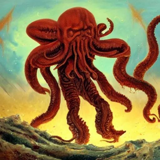 Prompt: an oil painting of Michael mcintyre fighting cthulhu on mars