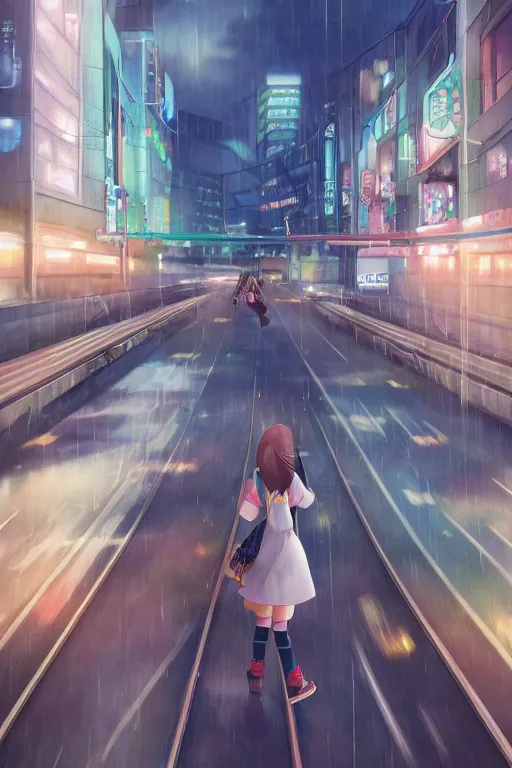 Prompt: 3d ultra realistic anime illustration, two schoolgirls flying on huge japanese elevated subway at rainy sunset. deep and complex composition. Pastel colors. style of Hiro Kiyohara anime. redshift, octane, trending on artstation, cinematic, oil painting