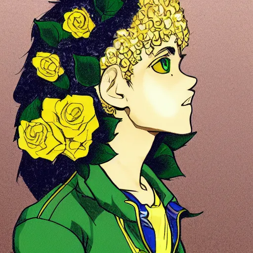 Prompt: a side view portrait of 1 5 years old young and beautiful giorno giovanna, green and yellow roses fill the background, fantasy, detailed, cinematic, tarot card, highly detailed, golden ratio, 8 k