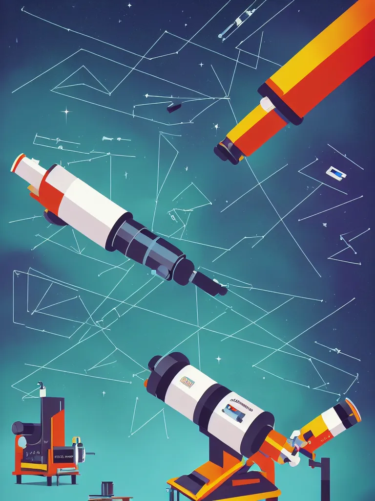 Image similar to editorial illustration scientific lab test tube telescope microscope spaceship, dynamic composition, detailed, matte print, dynamic perspective, colorful modern, mads berg