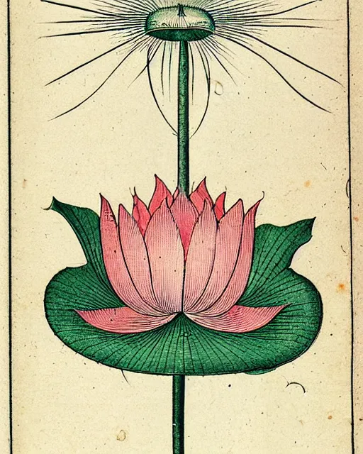Image similar to an illustration of the head of a lotus flower from the nuremberg chronicle, 1 4 9 3