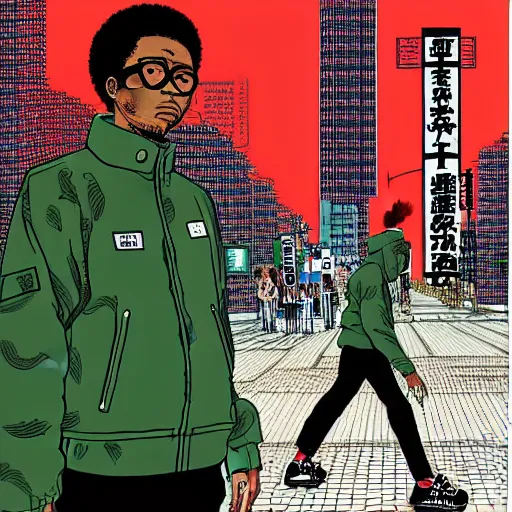 Prompt: illustration by katsuhiro otomo, black man with afro hair, stubble, wearing an adidas army green jacket, in the streets of tokyo, akira style, by katsuhiro otomo