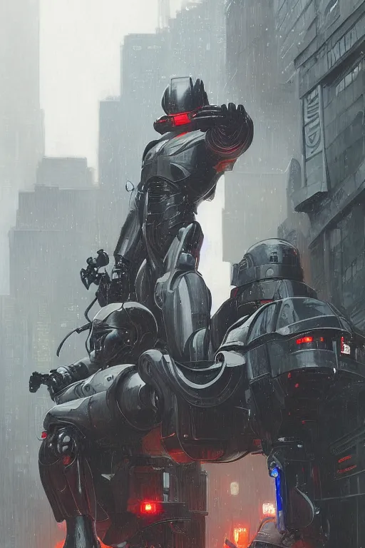 Prompt: Robocop portrait, rainy Detroit by Stanley Artgerm Lau, greg rutkowski, thomas kindkade, alphonse mucha, loish, norman Rockwell