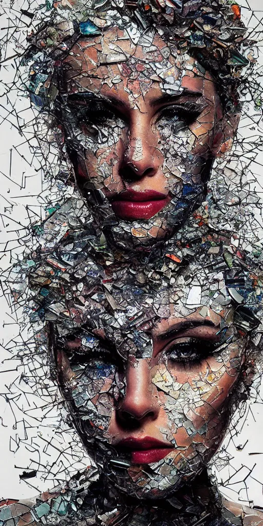 Prompt: a beautiful woman made of shattered glass, explosive, shards, highly detailed, hyper realism