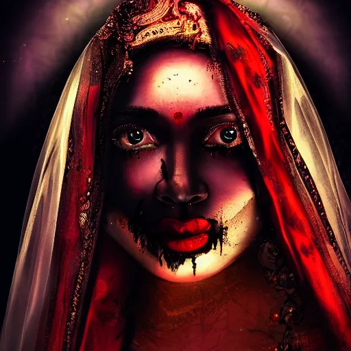 Image similar to beautiful Hindu lady of the dark with veil, in darkness, cover with blood, horror terrifying, soft light, surreal realistic, photorealistic, hyper details, full HD, 8k!