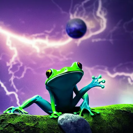 Image similar to a frog with muscles lifting planet earth over its head, octane render, cinematic rendering, dramatic lightning, visual effects, impressive, colorful, 8 k