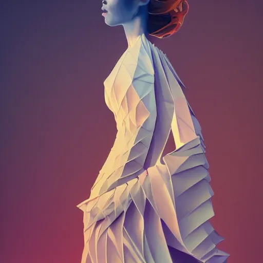 Image similar to 3 / 4 view of a beautiful girl wearing an origami dress, eye - level medium shot, elegant, by eiko ishioka, givenchy, by peter mohrbacher, centered, fresh colors, dance, origami, fashion, detailed illustration, vogue, high depth of field, japanese, reallusion character creator