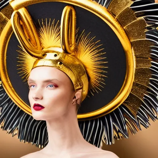 Image similar to close up of a female fashion model in year 3000 in art-deco entrance hall, model wearing a huge surreal Avant-garde helmet in gold, photography , official Versace editorial , highly detailed