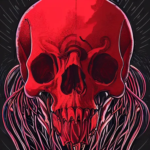 Prompt: a red human skull embraced by the tendrils of a jellyfish by josan gonzalez