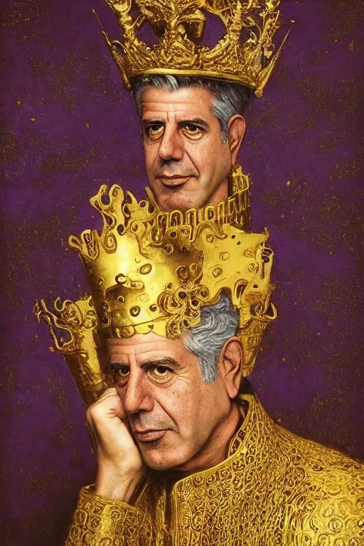 Prompt: “A majestic portrait Anthony Bourdain with a crown sitting in a gold throne,johannes voss,titian, Tom Bagshaw, Sam Spratt, maxfield parrish, gustav klimt , cinematic, hyper realism, high detail, 8k, intricate, gold green and purple colors”