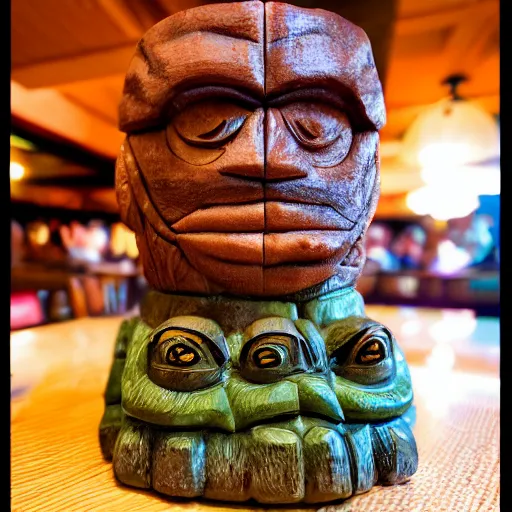Prompt: a closeup photorealistic photograph of ben grimm's face on a tiki mug at trader vic's restaurant. fantastic four. tiki culture. bright scene. fine detail. this 4 k hd image is trending on artstation, featured on behance, well - rendered, extra crisp, features intricate detail, epic composition and the style of unreal engine.