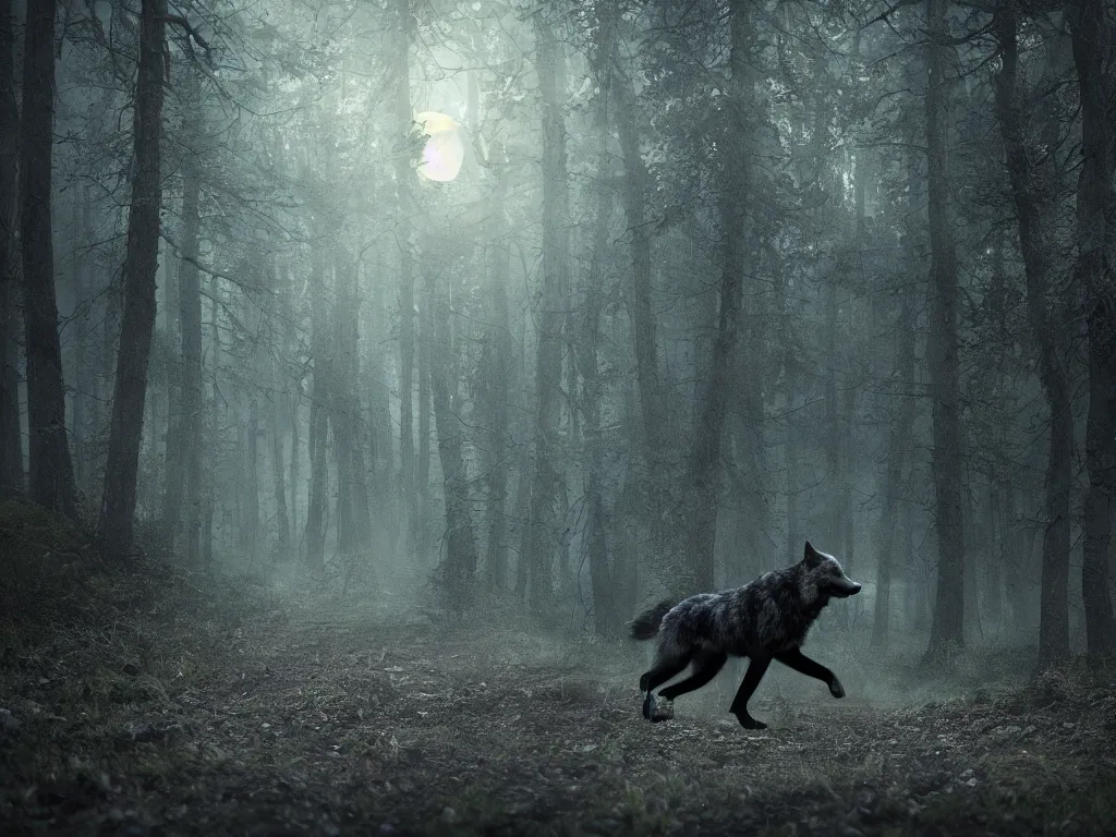 Image similar to a large wolf walking on a dark path through the forest at night under a full moon, 4 k, photorealistic, matte painting,