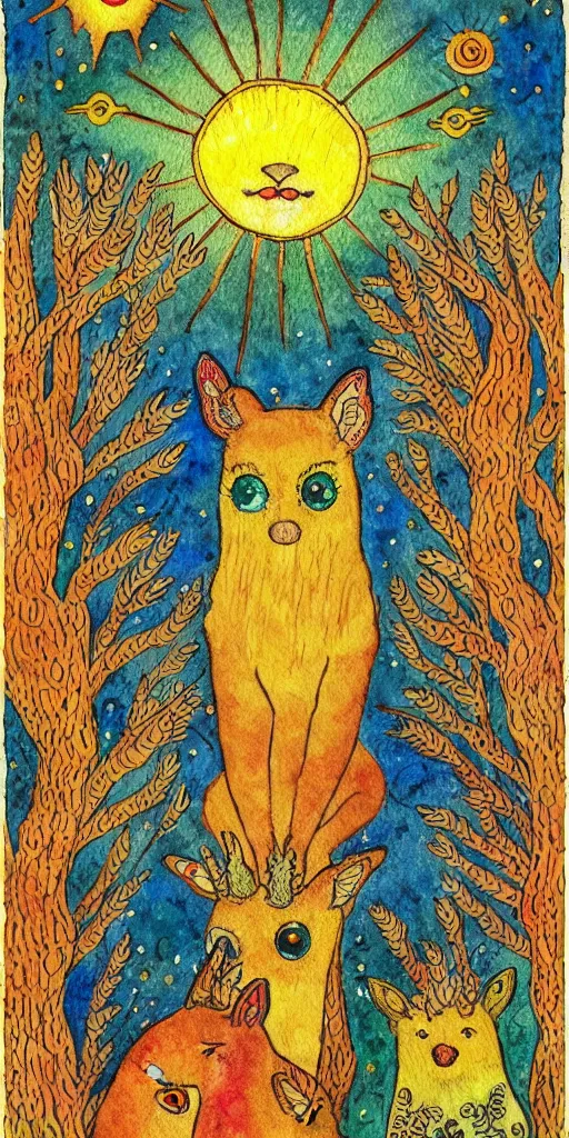 Prompt: tiny golden deer glowing eyes and sun ray mane and singing, children's book illustration, traditional folk art style, watercolor on paper, outsider art, David Palladini, Hisako Aoki, tarot card, Henry Darger, Louis Wain