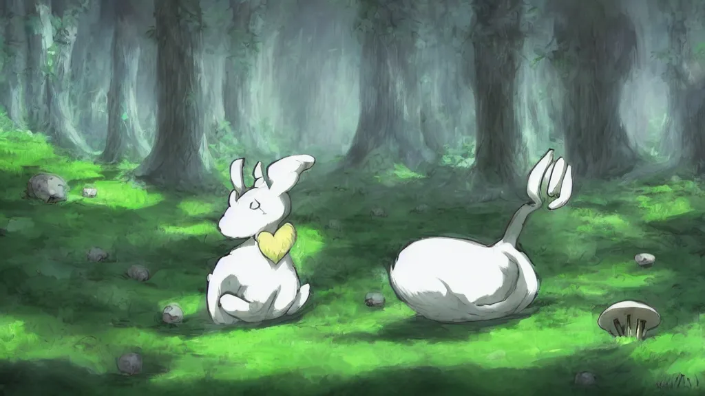 Image similar to cute Asriel Dreemurr in the mushroom forest, concept art by Makoto Shinkai