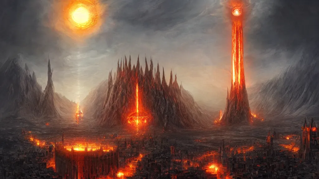 Image similar to flaming eye of sauron above the dark orc tower of barad - dur, by alan lee, michal karcz, smooth details, lord of the rings, game of thrones, smooth, detailed terrain, oil painting, trending artstation, concept art, fantasy matte painting