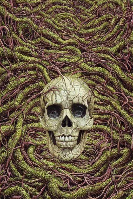 Image similar to Floating skull shaped island made of vines and earthart by visionary artist peter gric in hyperdetailed surreal fantastic style. Floating skull by hannah yata in visionary-psychedelic style earthart skull generative artwork by midjourney. Spiritual shamanic artifact skull decorated with gems and gold by billelis polished ominous photorealistic mysterious intricate hyperdetailed galactic expansive ethereal elemental detailed complex Earthart skull collage generated in discodiffusion or dall-e2 trending on Artstation hyperdetailed 8k resolution concept art 64 megapixels 8K resolution depth of field DSLR subtractive lighting tilt-shift wide-angle lens Skull made of smaller skulls made of smaller skulls surrealist fractal art gigapixel resolution 8K 3D | CGSociety | volumetric light | lightrays | smoke | cinematic | atmospheric | octane render | insanely detailed and intricate | hypermaximalist | elegant | ornate | luxury | elite | Floating skull hyperdetailed insanely complex artwork by psikodelicious art & design | gigapixel render | visions of chaos | midjourney | discodiffusion | complex hyperdetailed fantastic realism artwork made with dall-e2