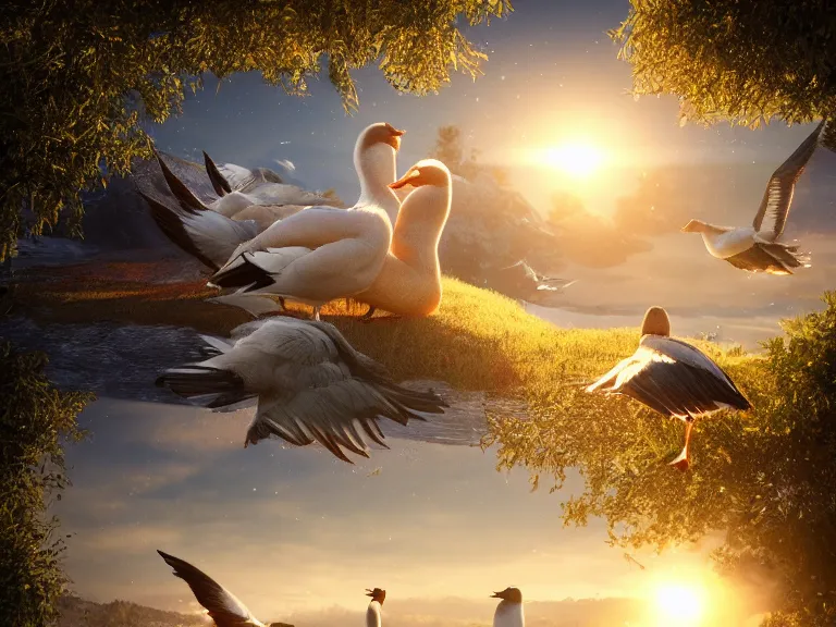 Image similar to geese dreaming of a place where love conquers all, 8 k, ultra realistic, lens flare, atmosphere, glow, detailed, intricate, full of colour, cinematic lighting, trending on artstation, 4 k, hyperrealistic, focused, extreme details, unreal engine 5, cinematic, masterpiece