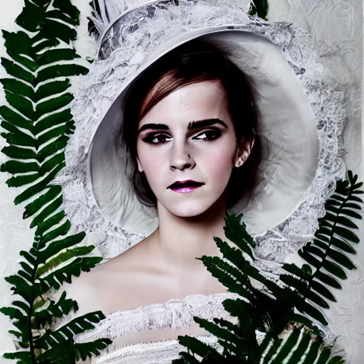 Image similar to on textured paper full body fashion model emma watson smokey eyes makeup eye shadow fantasy, glow, shimmer as victorian woman in a long white frilly lace dress and a large white hat having tea in a sunroom filled with flowers, roses and lush fern flowers ,intricate, night, highly detailed, dramatic lighting , high quality