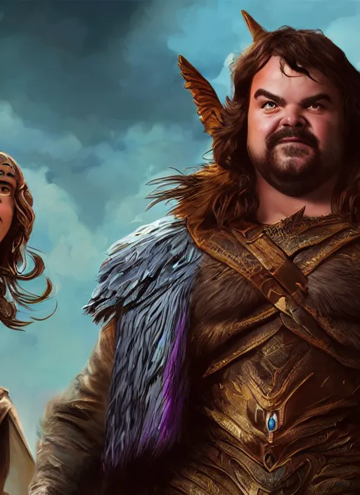 Prompt: A fantasy comic book style portrait painting of jack black, Joey King as a Mystical Valkyrie, unreal 5, DAZ, hyperrealistic, octane render, RPG portrait, dynamic lighting