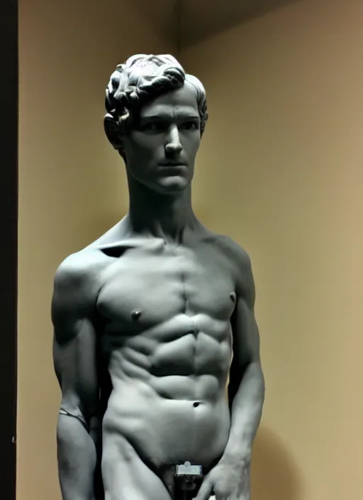 Image similar to an android with an adult male human looking face is the statue david by michelangelo, polaroid, flash photography, photo taken in a back storage room where you can see empty shelves in the background,