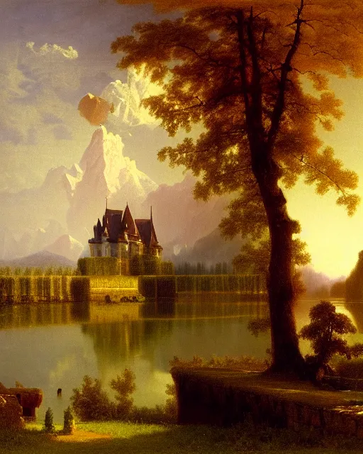 Image similar to beautiful illustration of chateau in a serene landscape, by albert bierstadt, magic realism, narrative realism, beautiful matte painting, 4 k hd wallpaper