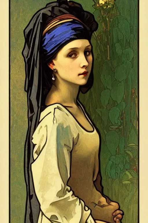 Prompt: A Girl with a pearl earring by Alphonse Mucha, detailed,Art Nouveau, Neo-Gothic, gothic, rich deep moody colors background.