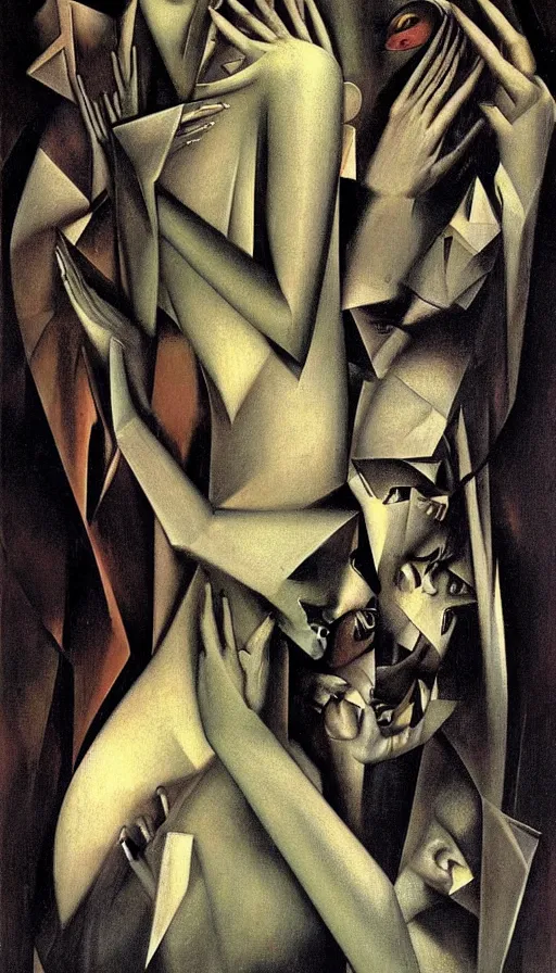 Image similar to illusion of Good and Evil merge in one ,artdeco,H.R. Giger and Tamara de Lempicka and Beksinski style