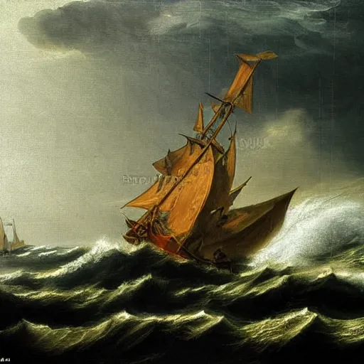 Image similar to a medieval vessel sailing the sea in a rough storm, sailors frantically pulling at ropes and tying the sails, large waves crashing and lightning striking in the distance, dark great clouds swirling above, detailed and oil painting