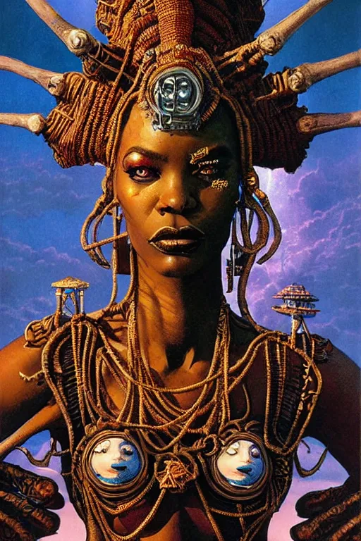 Prompt: voodoo priestess, character portrait, portrait, close up, concept art, intricate details, highly detailed, ornate, soft light, vintage sci - fi poster, in the style of chris foss, rodger dean, moebius, michael whelan, and gustave dore