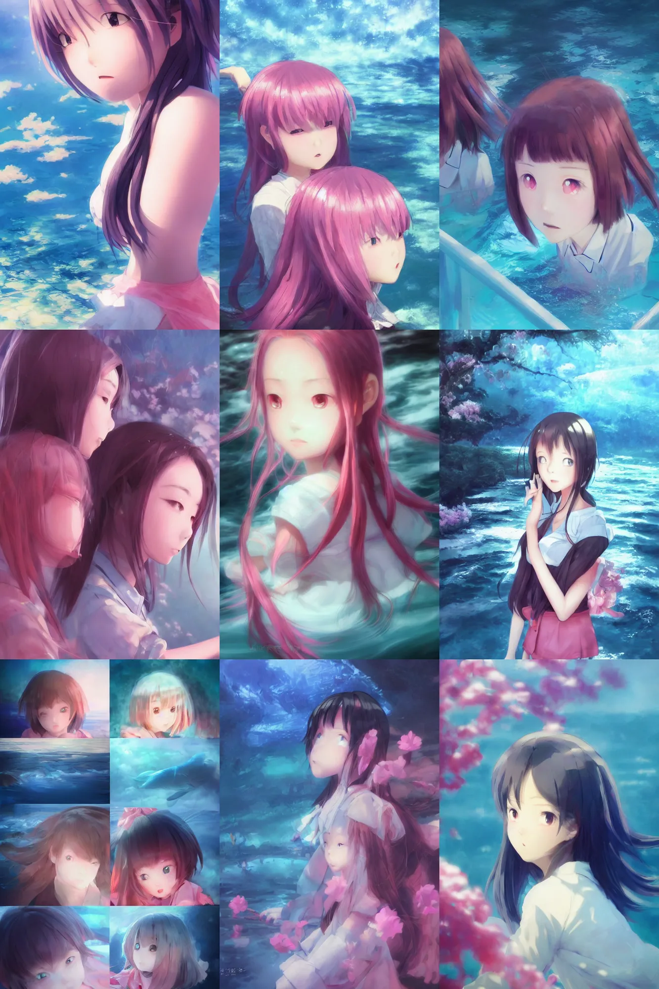 Prompt: 3d infrared octane render concept art by D. Jun, by Mo Xiang Tong Xiu, by Igarashi Daisuke, by makoto shinkai, cute beauty portrait anime sad schoolgirls under dark pink and blue water. light rays. deep water bellow. beautiful and cutest sad face. dramatic deep light, trending on artstation, oil painting brush