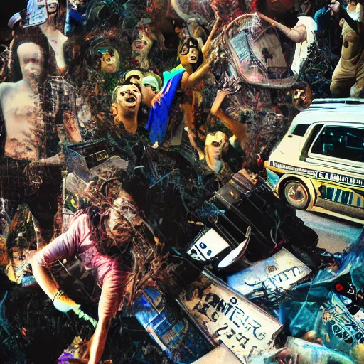 Prompt: a photograph datamoshing moshpit trader trash, weird, argentic, dust and scratches, by Jon Rafman