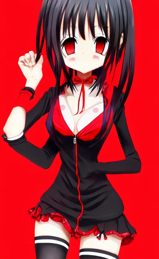 Image similar to anime girl with a detailed face and black hair in a red outfit, full body, trending, high quality, award winning, 4 k, 8 k, artstation,