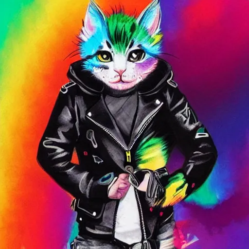 Image similar to wide angle full body, jacket wearing fluffy cute rainbow kitten wearing a black leather motorcycle jacket, cinematic concept art