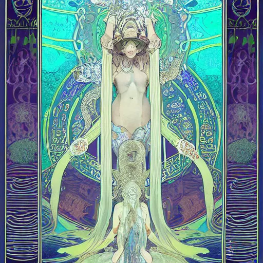 Prompt: A painting of priestesses worshipping at the jellyfish temple, shrouded in mist, jellyfish god, jellyfish priestess, jellyfish shrine maiden 8K, illustration, intricate artwork by alphonse mucha and Artgerm and , smoke, undersea temple with fish, cinematic, insanely detailed and intricate, hypermaximalist, elegant, super detailed, award-winning, mauve and cinnabar and cyan, rainbow accents, mysterious, ancient, ritual, trending in cgsociety, artstation HQ, ornate, elite, haunting, matte painting, beautiful detailed, insanely intricate details, dreamy and ethereal, smooth, sharp focus