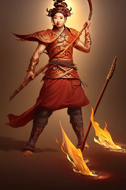 Image similar to charming nezha, highly detailed, man holding spear, flame everywhere, epic pose, masterpiece chinese fantasy character portrait, highly detailed, digital painting, trending on artstation, concept art, sharp focus, illustration, global illumination, ray tracing, realistic shaded, art by artgerm and greg rutkowski and fuji choko and viktoria gavrilenko and hoang lap