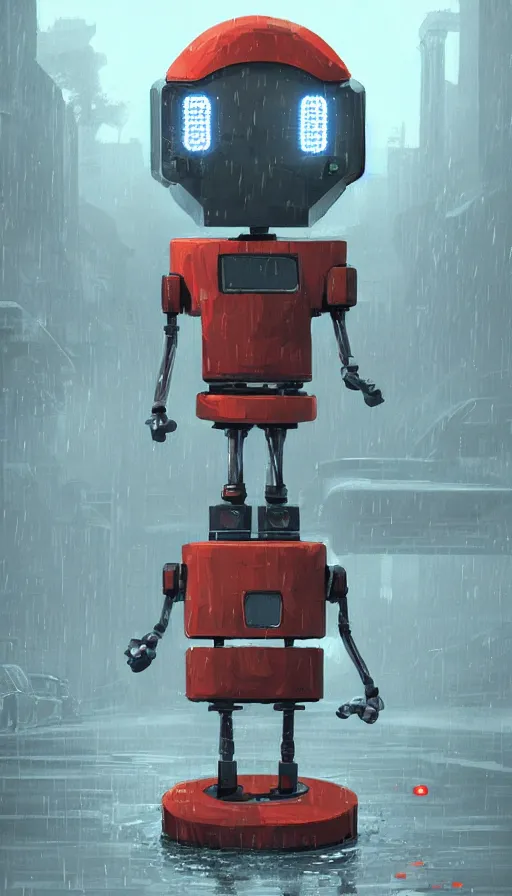 Image similar to videogame cabinet robot asking for coins in the rain, sharp focus, james gilleard, cinematic, game art, extremely detailed digital painting, print