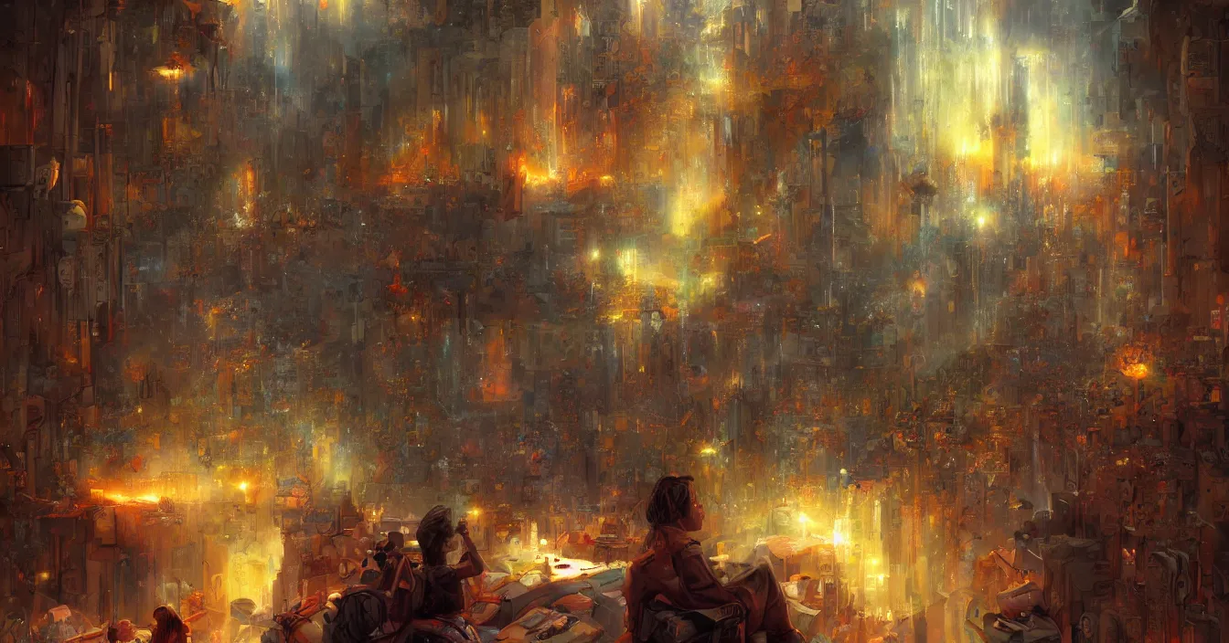 Prompt: Imagination of human souls sitting in cinema like room and watch very interested bright light of consciousness projecting their lives on the big wide screen, realistic image full of sense of spirituality, life meaning, meaining of physical reality, happy atmosphere, by Marc Simonetti