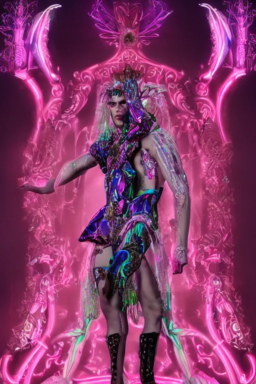 Prompt: full-body rococo and cyberpunk delicate neon crystalline sculpture of ((muscular albino prince Zayn Malik)) as an iridescent humanoid deity wearing a thin see-through ((plastic hooded cloak)) (holding a human skull) in a neon castle dungeon, reclining con (((las piernas abiertas))), glowing pink face, crown of (white lasers), large diamonds, swirling black silk fabric. futuristic elements. oozing glowing liquid, full-length view. space robots. intricate artwork by caravaggio. Trending on artstation, octane render, cinematic lighting from the right, hyper realism, octane render, 8k, depth of field, 3D