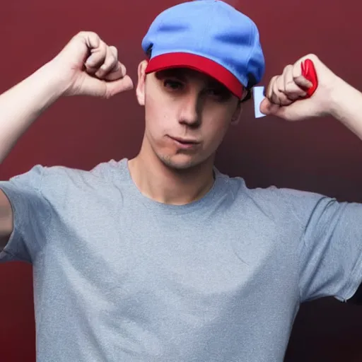 Image similar to a full body shot of an average white, short young - adult man with blue dyed hair, wearing a red backwards cap, white t - shirt with a red no symbol on it, blue long pants and red shoes, holding a microphone, photoshoot, grey background