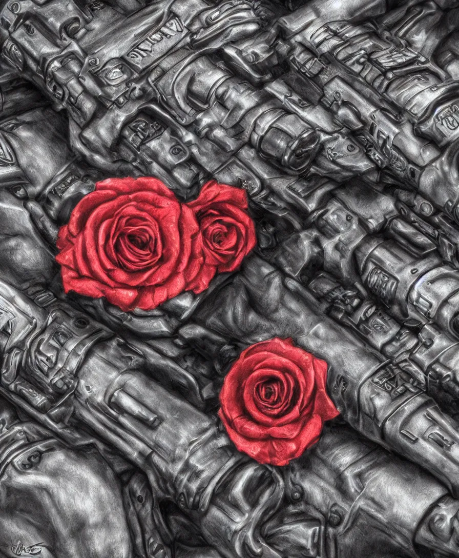 Image similar to close up guns and roses, color, ultra detailed, photorealistic, trending on artstation, 4 k, 8 k