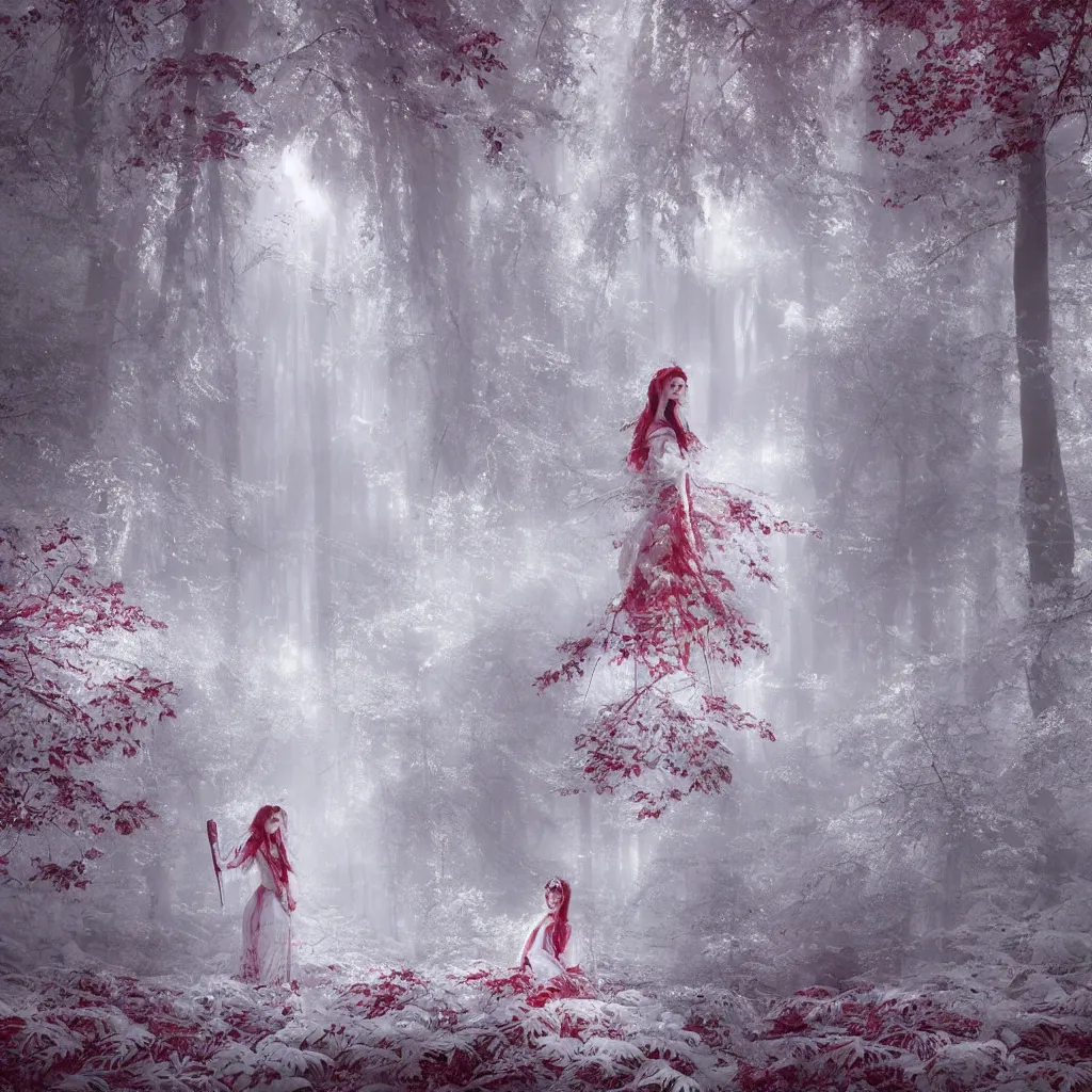 Prompt: extremely detailed picture of a princess wearing all white in a red forest, octane render, aesthetic