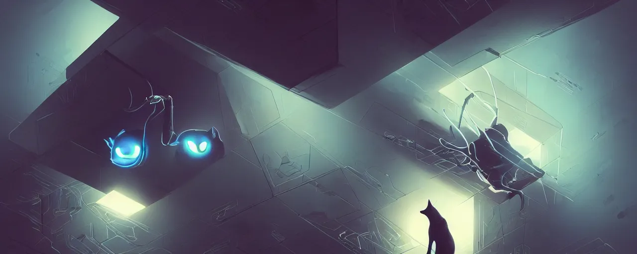 Prompt: duotone noir scifi concept dynamic illustration of 3 d mesh of cat inside box floating zero gravity glowing 3 d mesh portals futuristic, glowing eyes, octane render, surreal atmosphere, volumetric lighting. accidental renaissance. by sachin teng and sergey kolesov and ruan jia and heng z. graffiti art, scifi, fantasy, hyper detailed. trending on artstation