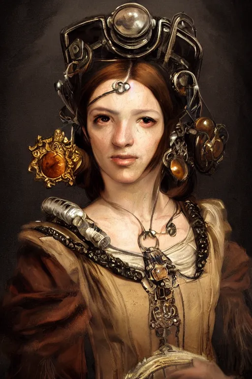 Prompt: moody portrait, headshot, digital painting, of a 17th century, beautiful cyborg girl merchant, dark hair, amber jewels, baroque, ornate clothing, scifi, futuristic, realistic, hyperdetailed, chiaroscuro, concept art, art by frans hals
