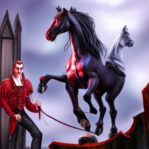 Image similar to Strahd Van Zarovich standing beside flamming horse, digital art