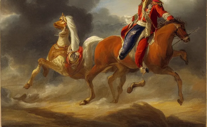 Image similar to woman in napoleonic dress standing on a galloping horse on a battlefield