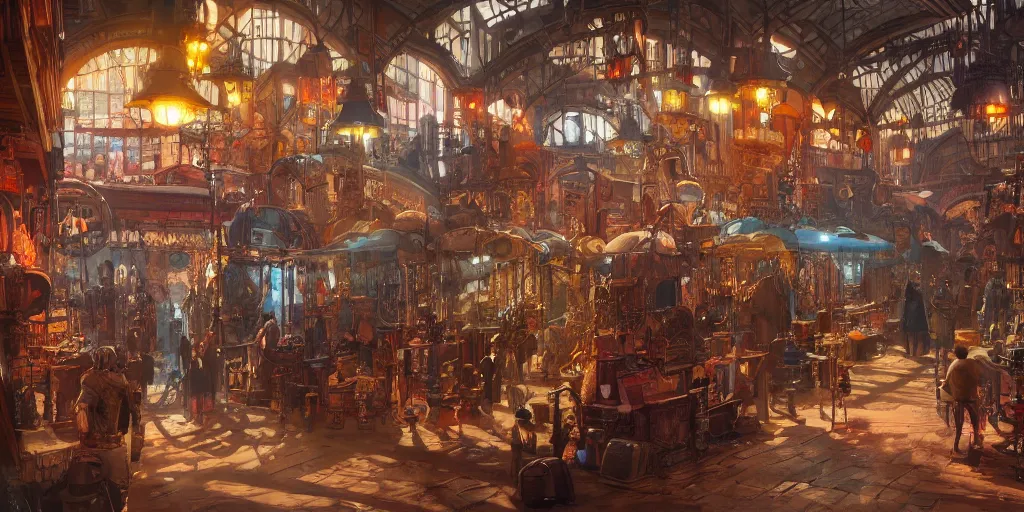 Image similar to steampunk market interior, colorful, 3 d scene, greg rutkowski, zabrocki, karlkka, jayison devadas, trending on artstation, 8 k, ultra wide angle, zenith view, pincushion lens effect