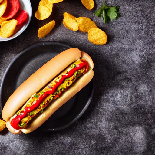 Gourmet dirty hot dog sandwich with various garnish on black slate