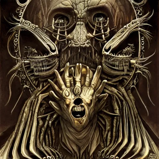 Image similar to Moloch, whose mind is pure machinery, eerie, sinister, horror, illustrated by Anne Stokes and H R Giger and Adrian Borda, super detailed, 4k, 8k